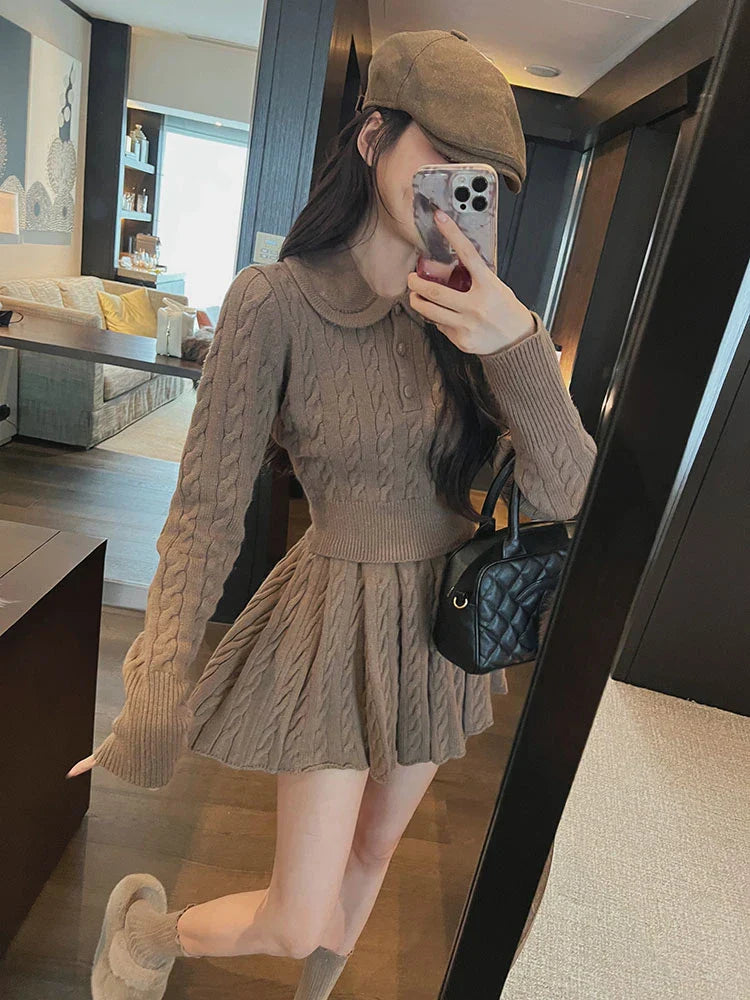 maoxiangshop1 Autumn Preppy Style Knitted Clothing Suit Woman Slim Kawaii Swearter Tops Casual Y2k Mini Skirt Woman Fashion 2 Piece Set