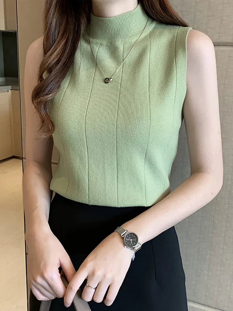maoxiangshop Spring Women Knitted Green Tank Tops Women Thin Tops Basic Casual Tank Tops O-neck Tees Sleeveless Tops For Women