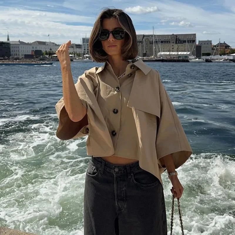 maoxiangshop - Khaki Lapel Short Cape Jacket Women Casual Single Breasted Mid Length Sleeve Coat 2024 Autumn Lady Fashion Street Warm Outerwear