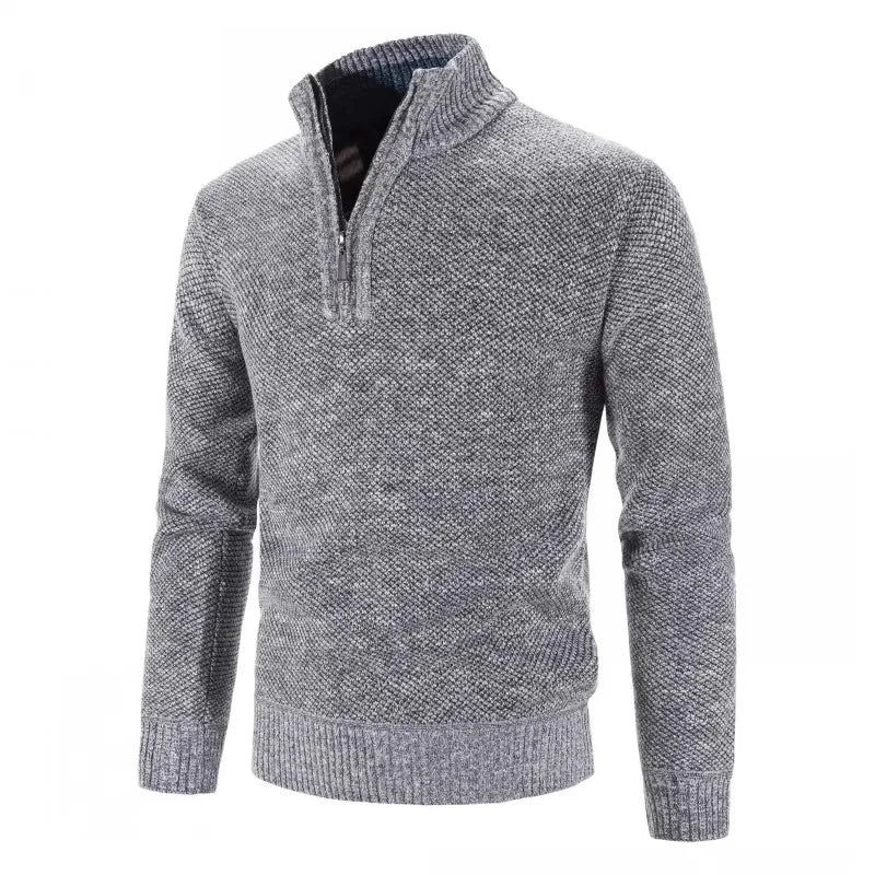 maoxiangshop Autumn Winter Thick Knitted Sweater Men Pullovers Solid Color Zipper Mock Neck Slim Fit Knit Pullovers Men Causal Sweater Man