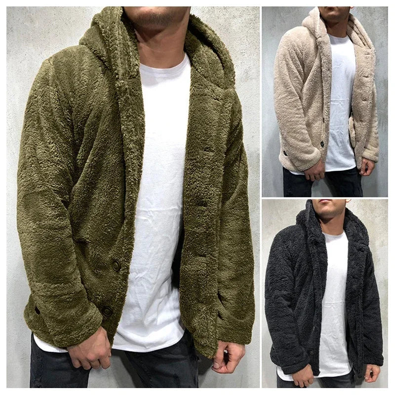 maoxiangshop Men's Teddy Bear Fleece Coat Cardigan Winter Warm Hooded Coat Fashion Solid Color Long Sleeve Pocket Button Hooded Warm Coat
