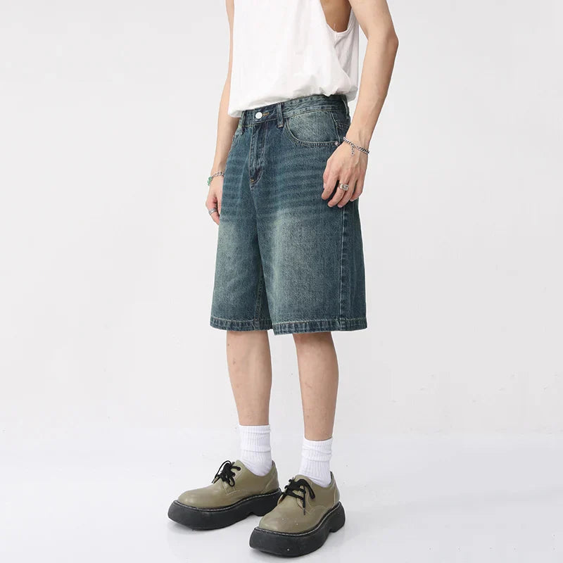 maoxiangshop Summer Denim Shorts Men's Loose Korean Style Retro Short Jeans Fashion Washed Casual Knee Length Pant New Streetwear