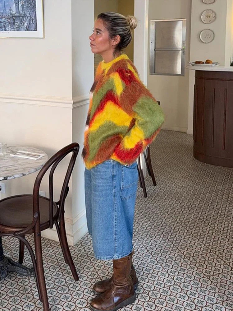 maoxiangshop - Mohair Rainbow Color Knitted Sweater Women Striped Chic Loose O-neck Warm Pullover 2024 Autumn Long Sleeve Street Jumper Tops