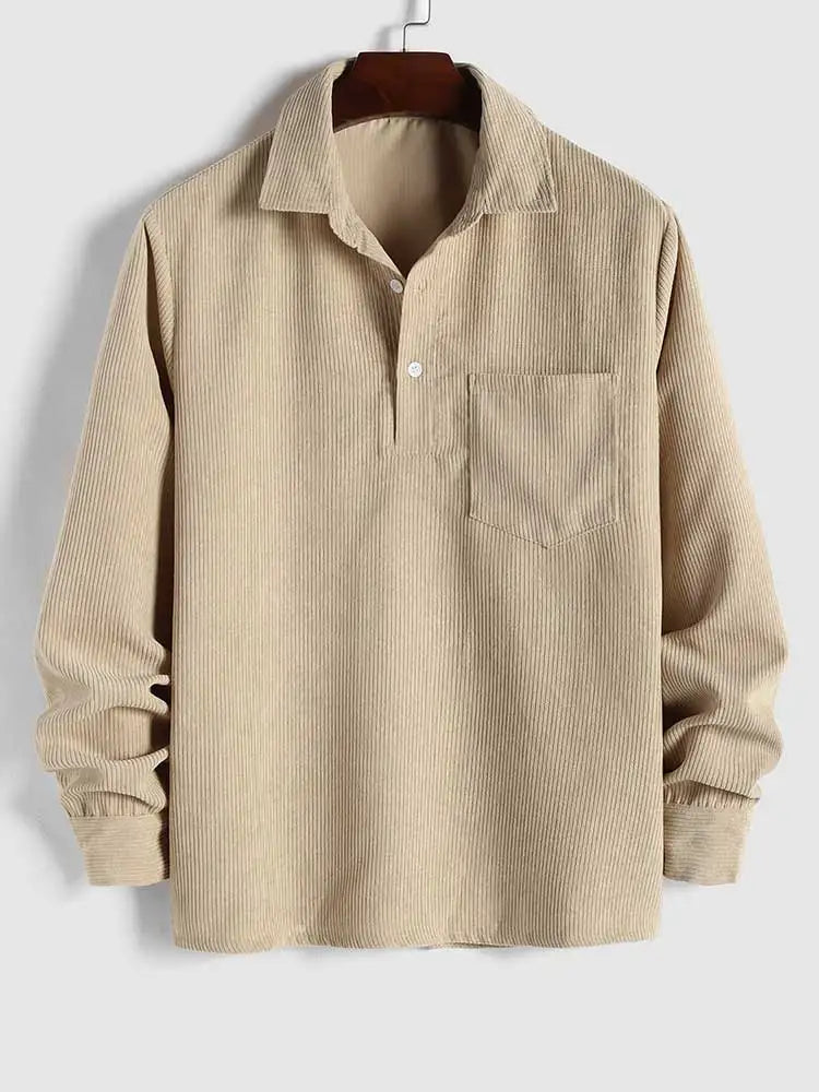 maoxiangshop Shirts for Men Corduroy Long Sleeves Shirt Half Button Solid Blouses Fall Spring Streetwear Overshirts Tops with Pocket