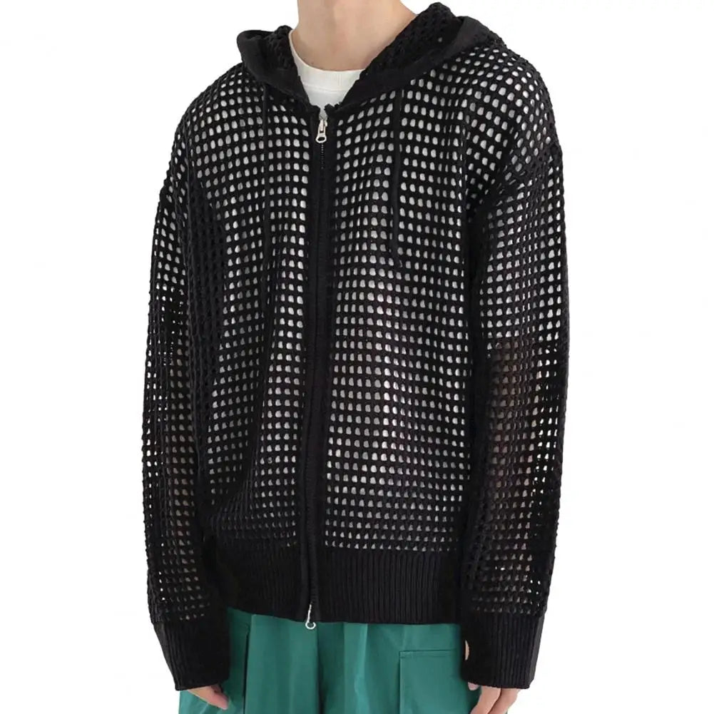 maoxiangshop Hollow Design Men Jacket Hooded Hip Hop Cardigan Stylish Men's Winter Jacket with Hollow Out Design Zipper Closure Men Hooded