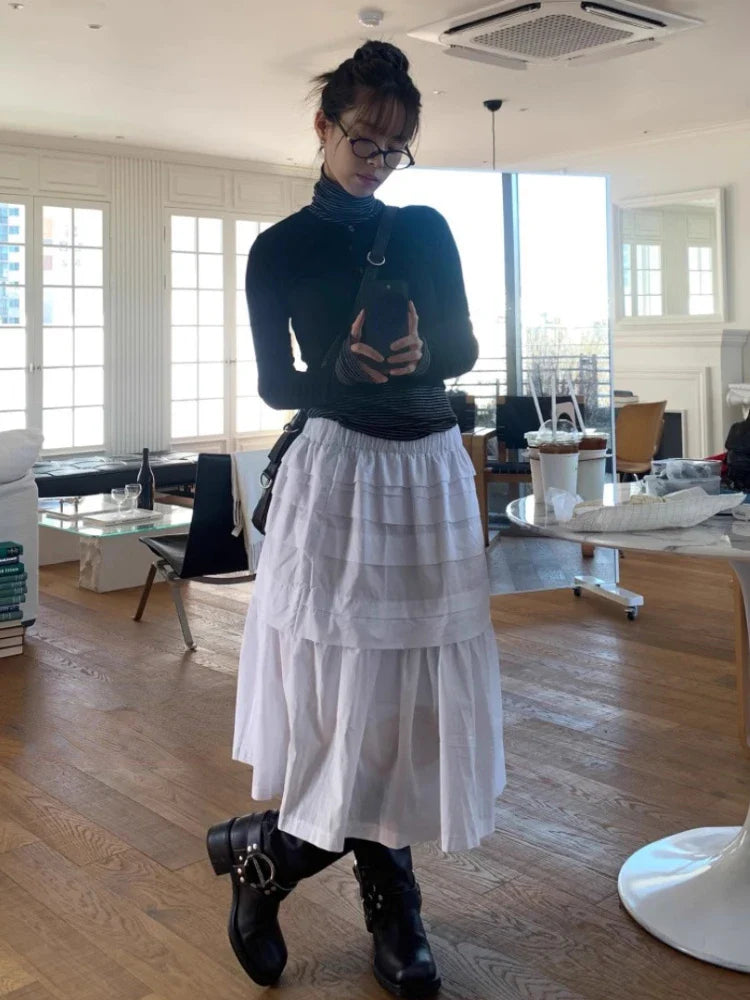 maoxiangshop - Y2k Aesthetic White Simple Pleated Skirts Women Vintage Summer Long Skirt Harajuku Streetwear Gothic Faldas Largas Mujer 2024