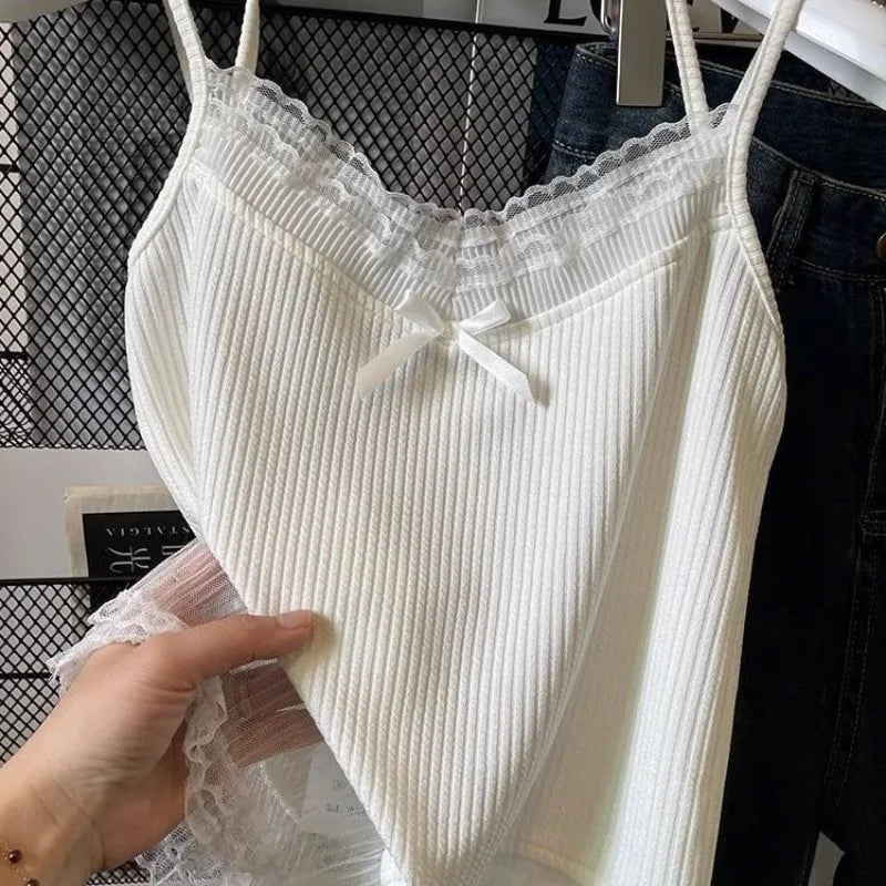 maoxiangshop White Lace Bow Tank Top Female Corset Women Halter Strap Basic Cute Female Sleeveless Mesh Shirt Korean Style Trend 2024 Summer