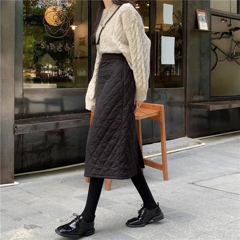 maoxiangshop Black Quilted Skirt Winter Women Pull-on Long Padded Skirt with Pocket Classic Warm Outfit