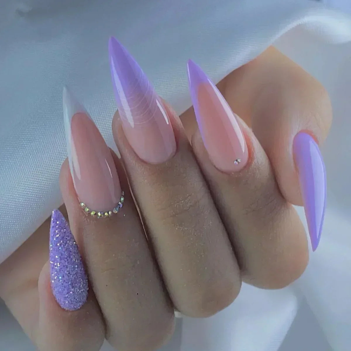 maoxiangshop 24Pcs False Nails With Glue Almond Pink Butterfly Design Detachable Rhinestones Acrylic Fake Nails long stiletto Press On Nails