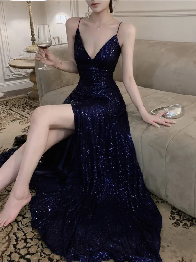 maoxiangshop DRESS TO IMPRESS Sexy Backless Evening Party Long Dresses for Women V-Neck Split Slim Spring Summer Luxury Sequins Prom Robe Birthday Vestido New