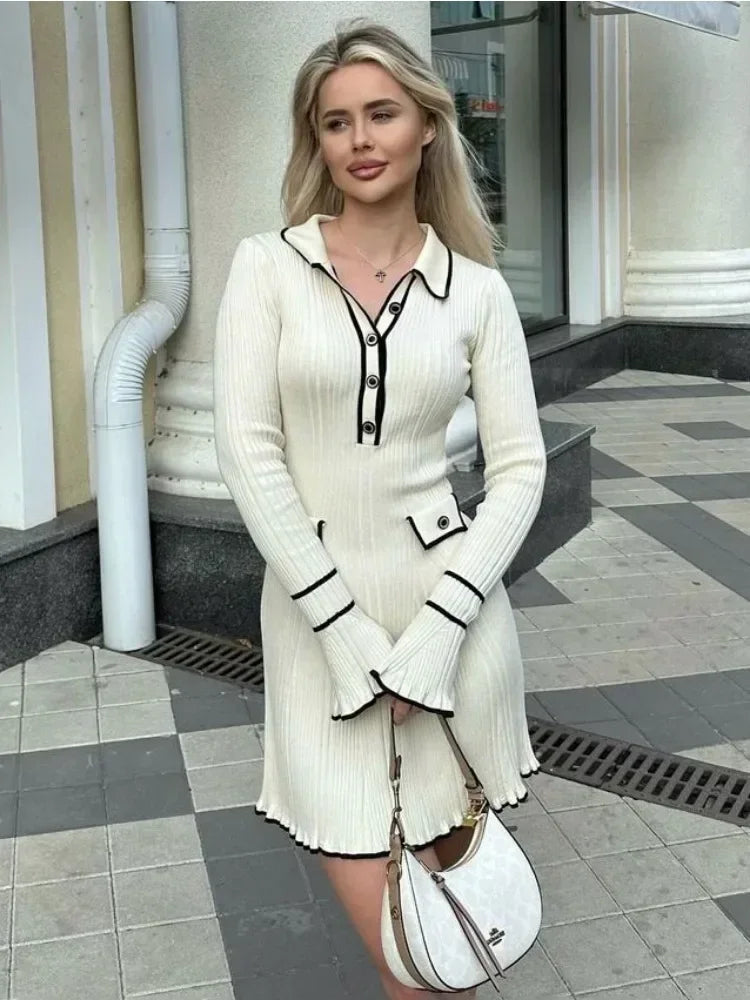 maoxiangshop - Ruffled Fashion Knit Dress Women Autumn Ribbed Contrast Long Sleeve High Waist Lapel Gown Dress Knitwear Ladies Maxi Dress