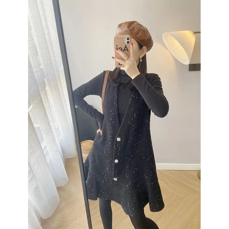 Vintage Tweed Mini Dress Women Elegant Ruffles V Neck One Pieces Dresses Winter Black Sundress Korean Sleeveless Vestidos