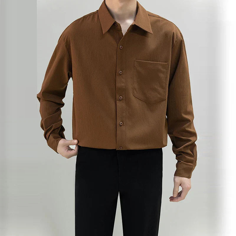 maoxiangshop Luxury Spring Clothing Men's Casual Suit Collar Texture Shirts Vintage Buttons Solid Color Long Sleeve Basic Clothes 2024 New
