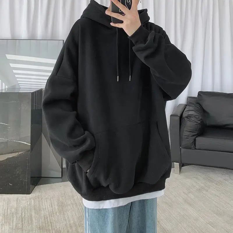 maoxiangshop Fleece Hoodie Men Casual Pocket Long Sleeve Oversized Pullover Tops Harajuku Street Thicken Solid Sweatshirt Sports Pullover 5xl
