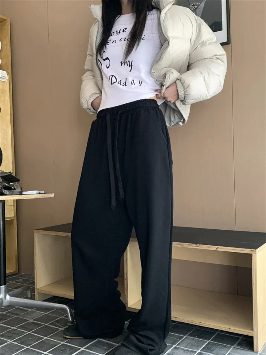 maoxiangshop - Sports Pants Women Solid Mopping Chic Casual Winter Daily 2025 Mujer High Waist Slim Loose All Match Streetwear