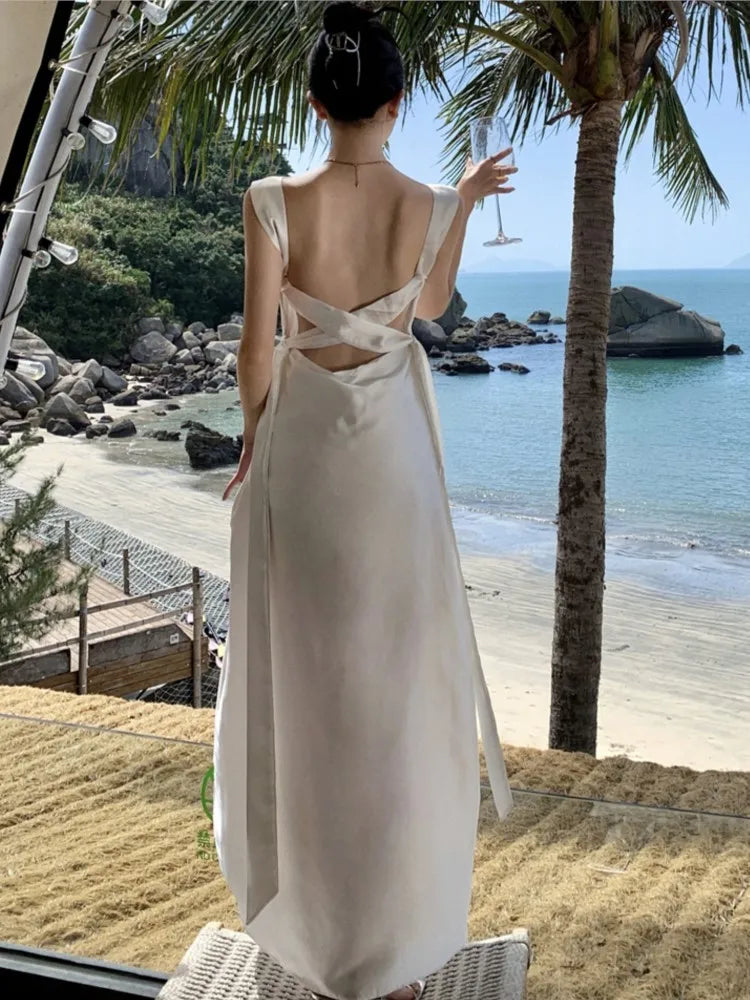 maoxiangshop - Sexy Backless Maxi Dress Women Camisole Lace Up Satin Vestidos Holiday Birthday Party Evening Gown Female Dresses Spring Autumn