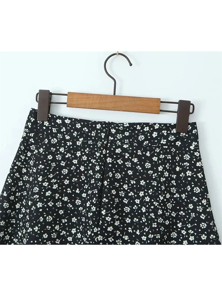 maoxiangshop - Cute Flower Print Ladies Summer A-Line Black Mini Skirts 2024 Girls Casual Zipper Fly Pink Short Skirt