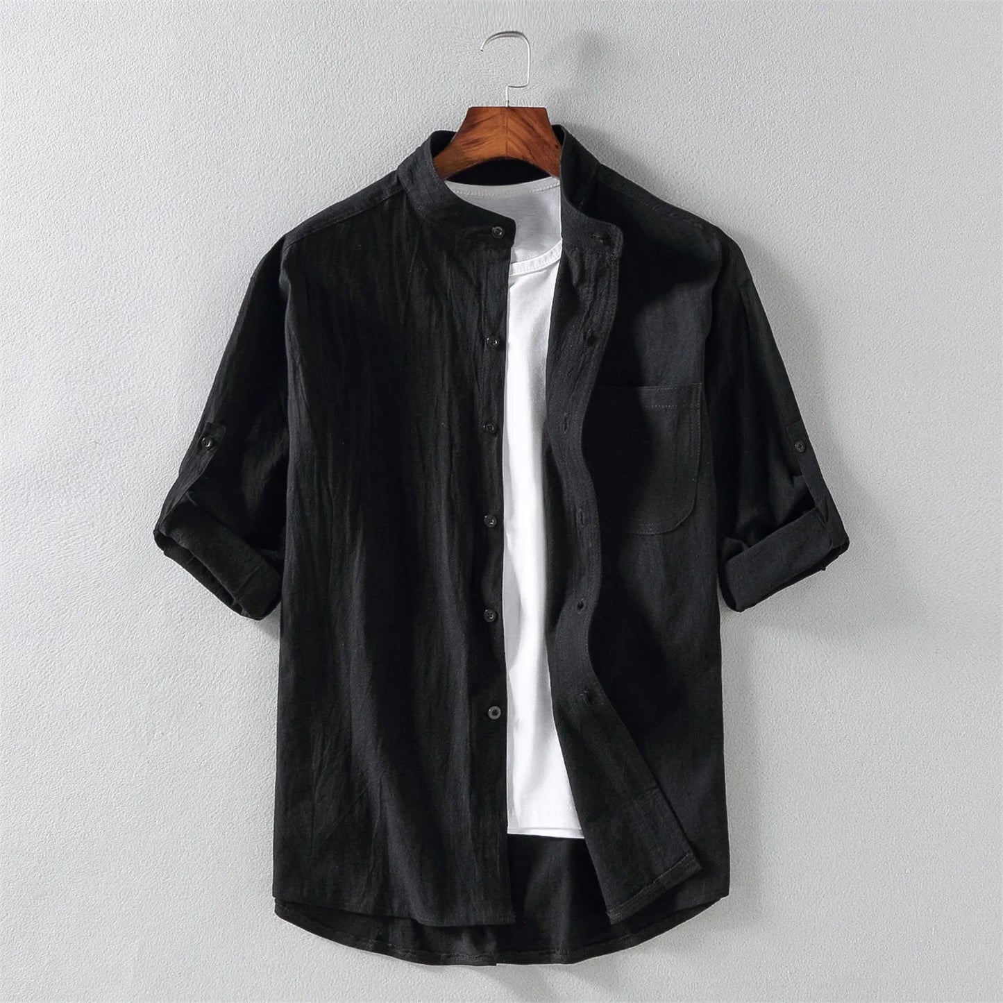 maoxiangshop Spring and Summer Stand Collar Five-point Mid-sleeve Fashionable Men's Short-sleeved Shirt Seven-point Sleeve Large Size Men's