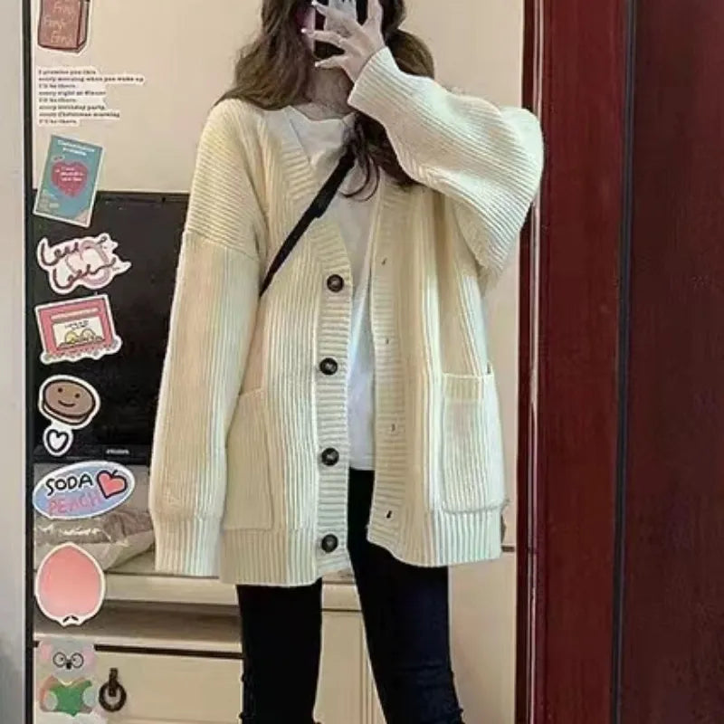 maoxiangshop Autumn Winter Women Cardigan Sweater Coats Fashion Female Long Sleeve V-neck Loose Knitted Jackets Casual Sweater Cardigans