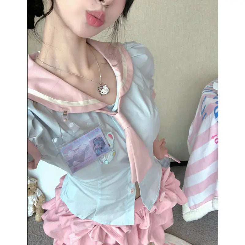 maoxiangshop Pink Kawaii Skirt Women Ruffle Patchwork Layered Bow High Waist Cute Mini Skirt Shorts Harajuku Japanese Style Soft Girl