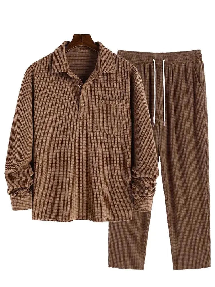 maoxiangshop Men's Two Piece Set Solid Polar Fleece Turn-down Collar Long Sleeves Shirt with Drawstring Straight Pants Set Z5107952