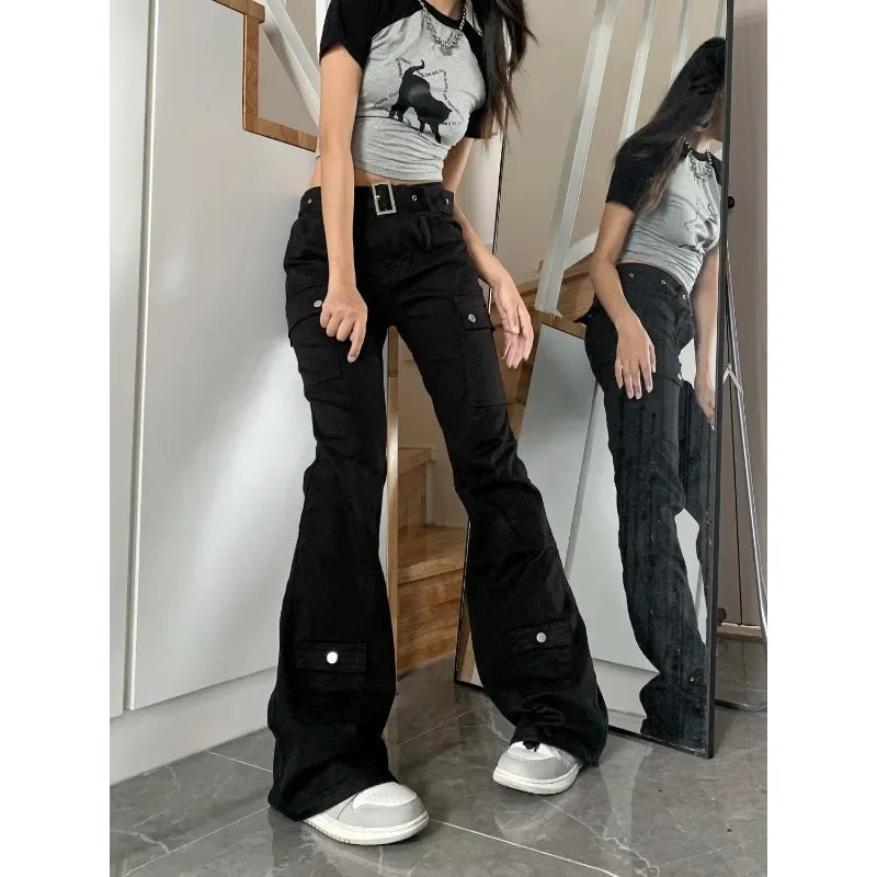 maoxiangshop - Y2k Streetwear Cargo Jeans Women Black Gyaru Gothic Grunge Flare Denim Pants Vintage Korean Style Tights Trousers Baddies
