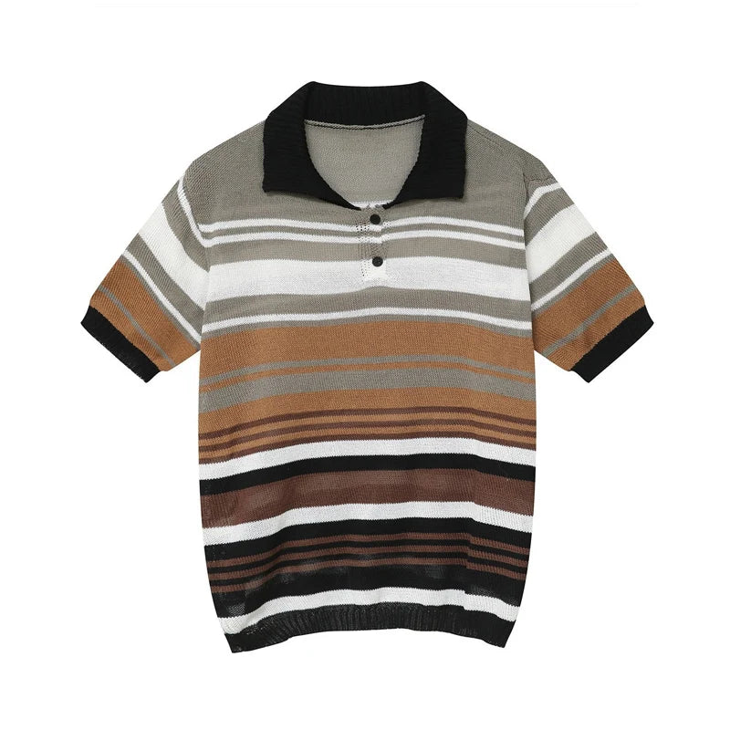maoxiangshop Vintage Y2K Striped Polo Shirt Mens Knitwear Summer Short Sleeve Buttoned Lapel Knit Tops For Men Casual Loose Breathable Polos