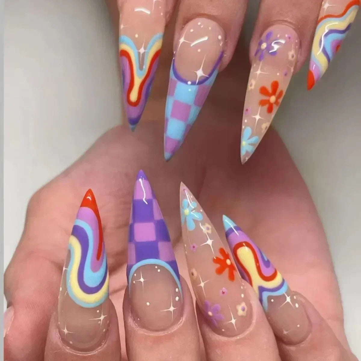 maoxiangshop 24Pcs False Nails With Glue Almond Pink Butterfly Design Detachable Rhinestones Acrylic Fake Nails long stiletto Press On Nails