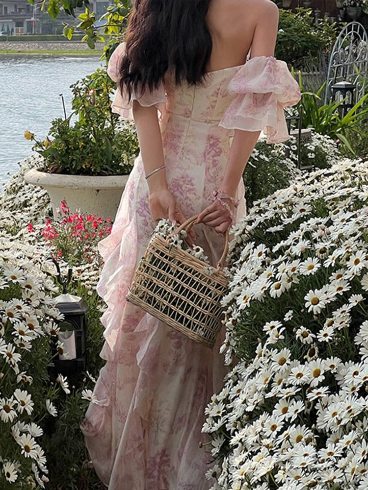 maoxiangshop Floral Sweet Women Midi Dress Mesh Elegant Slash Neck Korean Summer Female Dresses Petal Sleeve Fashion Lady Vestido New