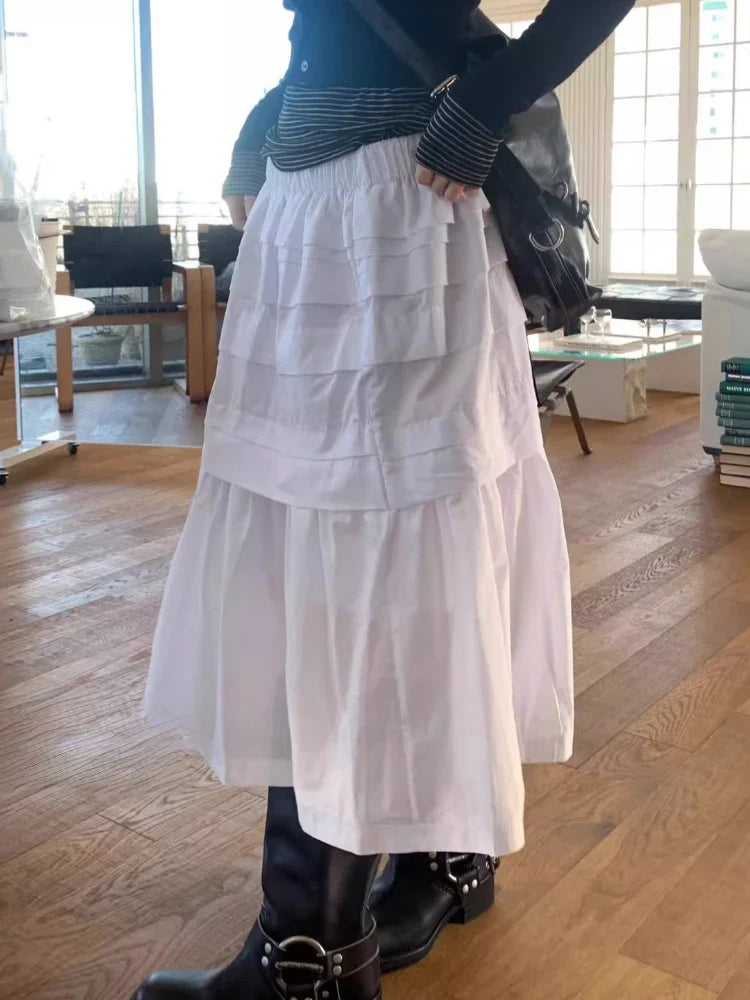 maoxiangshop - Y2k Aesthetic White Simple Pleated Skirts Women Vintage Summer Long Skirt Harajuku Streetwear Gothic Faldas Largas Mujer 2024