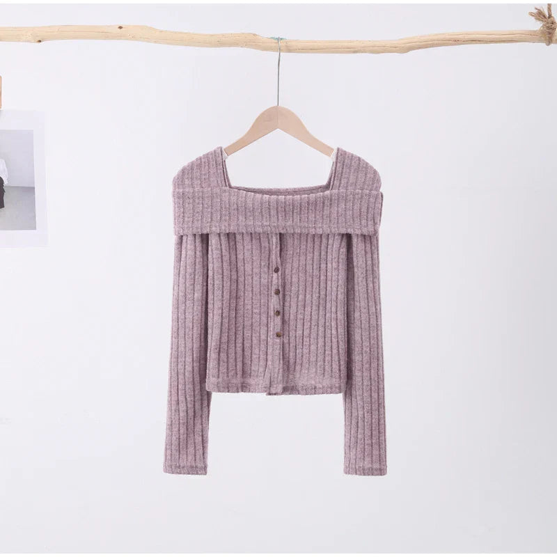 maoxiangshop-Off Shoulder Knit Pullover Women Chic Casual Slim Gentle Tops Female Spring New Square Neck Solid Long Sleeves Knitwears Lady
