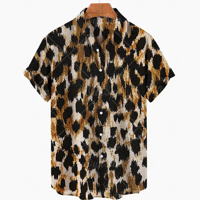 maoxiangshop Short Sleeve Leopard Men's Shirts For Man Clothing Hawaiian Fashion 3D Print Thin Lapel Floral Casual Oversized Imported Camisa