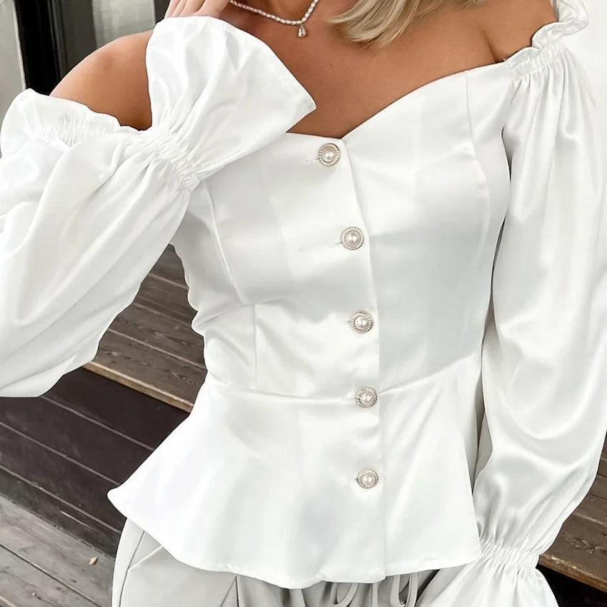 maoxiangshop - Elegant Women Shirt 2024 Autumn Winter Satin shirt White Ruffle Hem Buttoned Off Shoulder Strap Long Sleeve Slim Fit Blouse