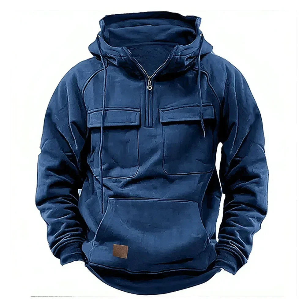 maoxiangshop Half Zipper Men's Hoodies Solid Warm Fleece Sweatshirts Multi Pockets Male Hooded Jackets Thick Outdoor Polar