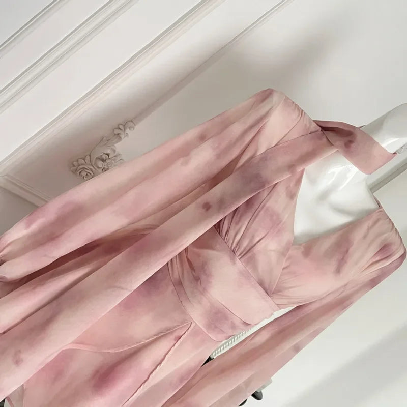 maoxiangshop - 2024 New Fall Gentle Long-sleeve Chiffon Fairy Dress Women Elegant Fashion V-Neck Sweet Dresses Holiday Printed Dress Vestidos