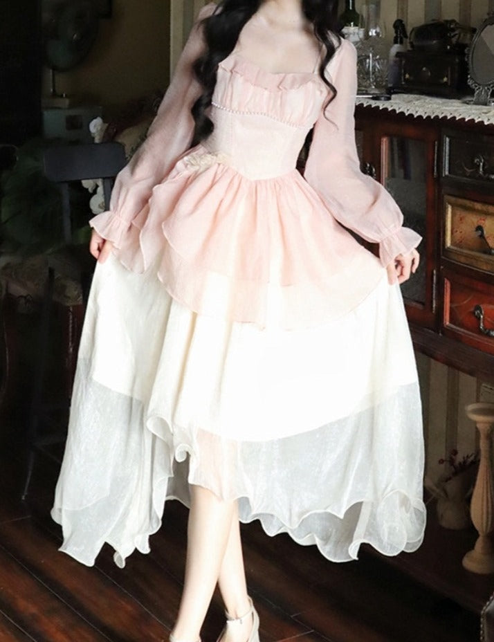maoxiangshop New High Waisted French Style Long Sleeve Elegant Dresses Chic A Line Casual Dress Chiffon Long Dress for Women
