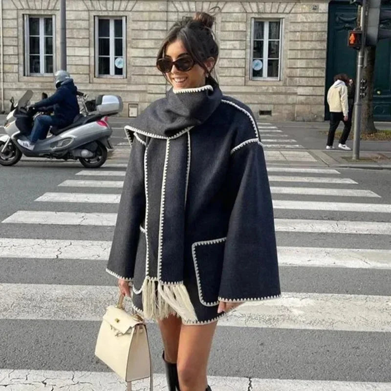 maoxiangshop - Fashion Loose Women Coat With Scarf Long Sleeve Pocket Single Breasted Female Coat 2024 Autumn Winter Fashion Lady Street Jacket
