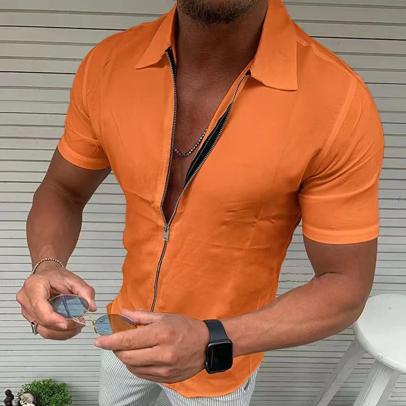 maoxiangshop Men's Light Business Office Casual Zipper Short Sleeve Shirt Slim Fit Solid Color Lapel Cardigan Fashion Tops