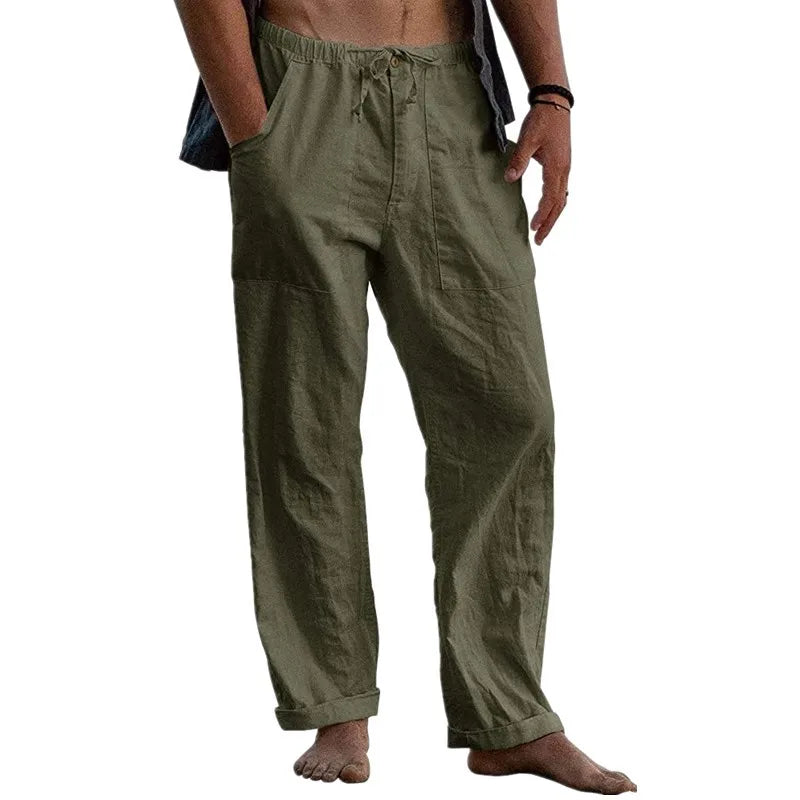 maoxiangshop New Men's Cotton Linen Pants Summer Solid Color Breathable Linen Trousers Summer elastic waist drawstring loose pants