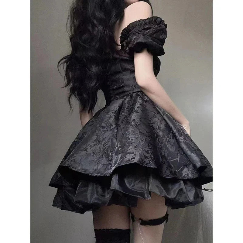 Gothic Black Mini Dress Women Vintage Sexy Spaghetti Strap High Waist Dresses 90s Egirl Punk Grunge Slim Party Club Dress Women