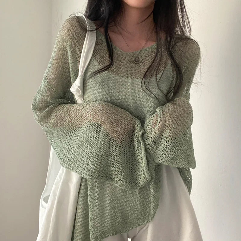 maoxiangshop- Full Sleeves Pullovers Hollow Out Sweaters Tops Sexy Women Fashion Casual Streetwear Chic Female Losse Sweaters Korean style