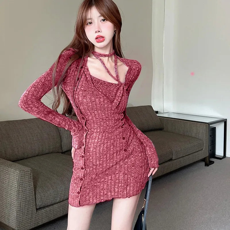 maoxiangshop Autumn And Winter Irregular Knit Dress For Women Sexy Fashion New Collar Show Slim Waist Dresses Ins