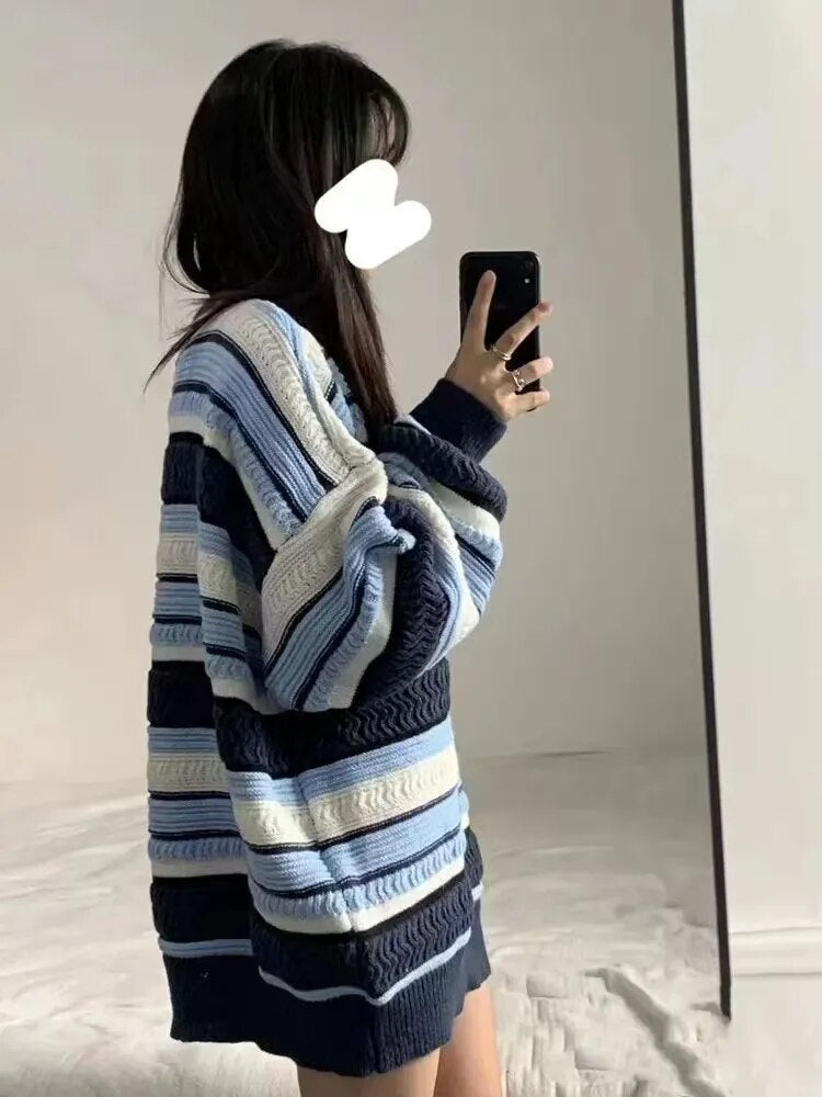 maoxiangshop Contrast Striped Pullover Women's Oversized Chunky Long Sleeve Crew Neck Sweater Knit Jumper Autumn Winter Grunge Fashion