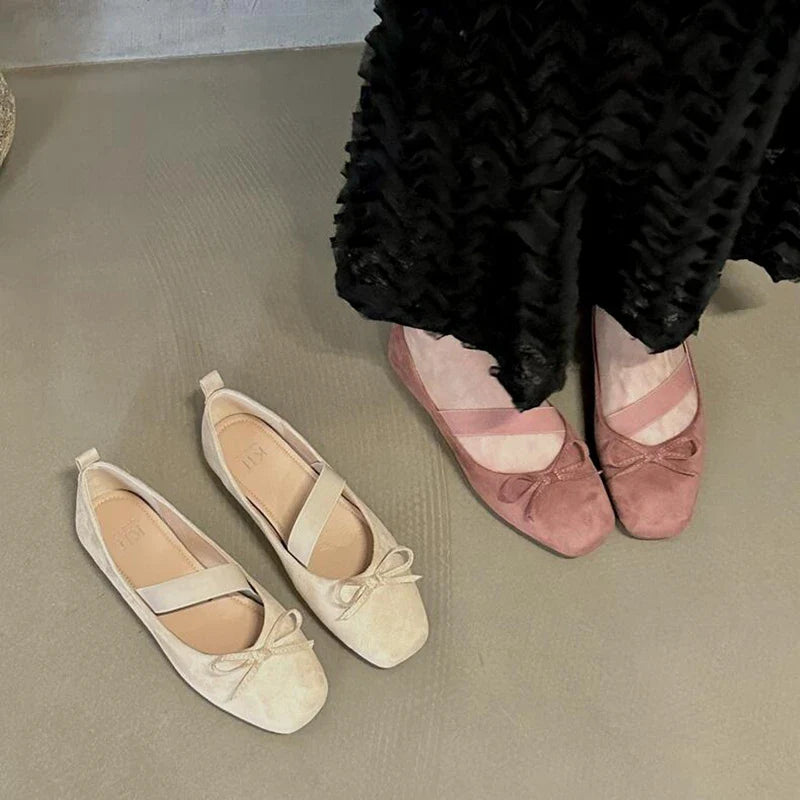 maoxiangshop - NEW Spring/Autumn Flats Mary Jane Shoes Square Toe Women's Shoes Bow Velvet Ballet Flats Women Shoes