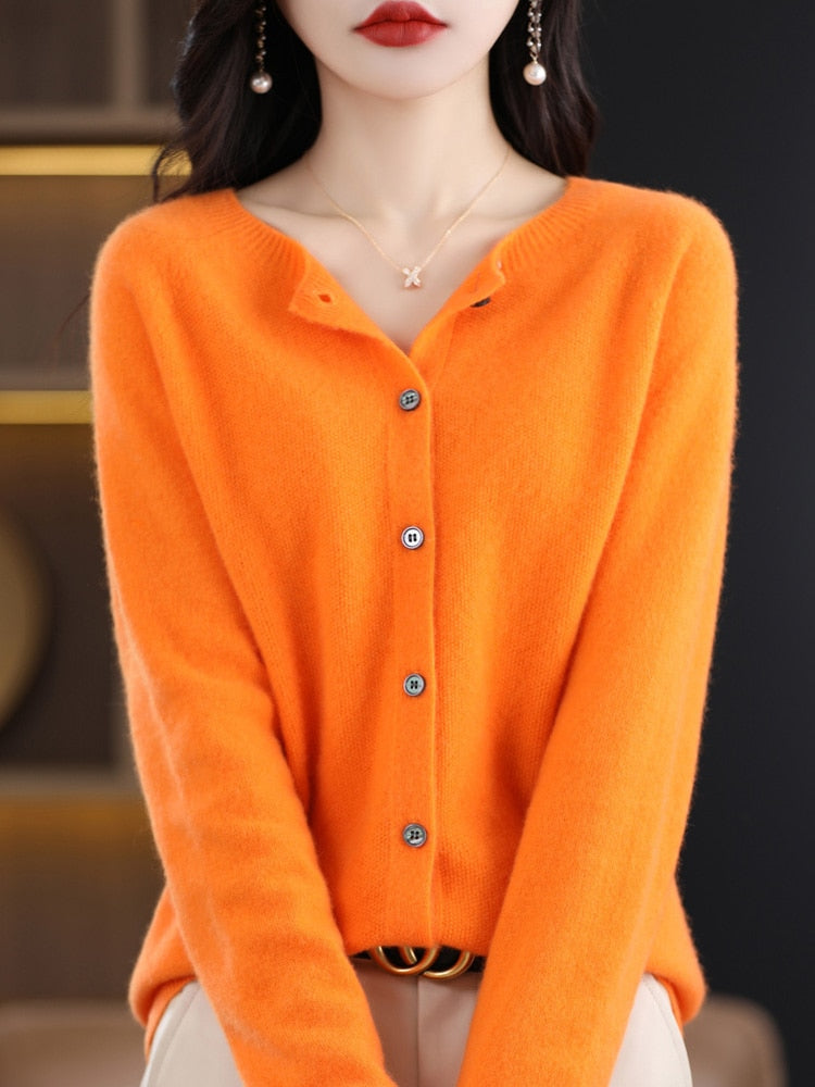 maoxiangshop Aliselect Long Sleeve Women Knitwear Cashmere Knit 100% Pure Merino Wool Spring Autume O-Neck Top Cardigan Sweater Clthing Coat