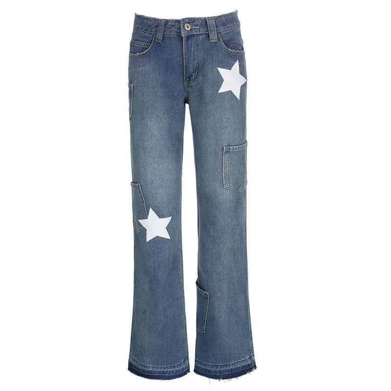 Multi Pocket Star Print Jeans Women Y2K Patchwork Vintage Denim Cargp Pants Girl Rise Jeans Fashion Streetwear Casual Trousers