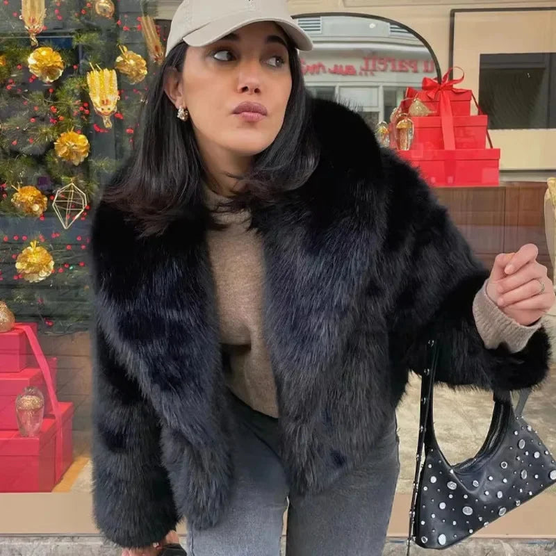 maoxiangshop - Faux Fur Cardigan Coat Women 2024 Winter Luxury Solid Long Sleeve Fashion Short Coats Lady Elegant Warm Thick Jackets Outerwear