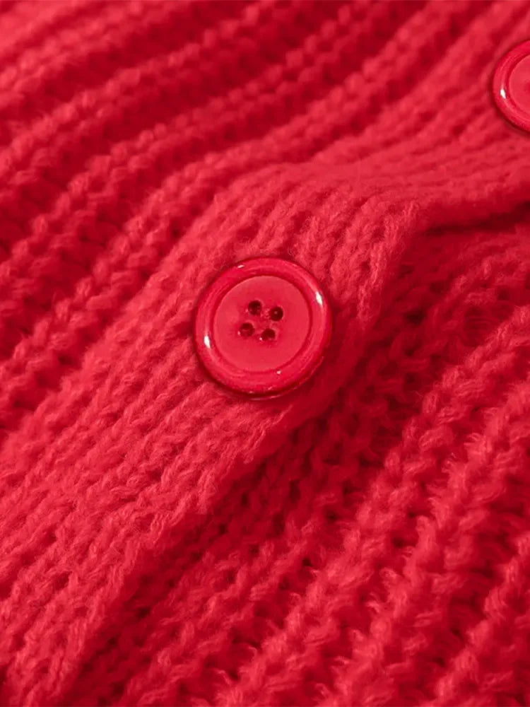 maoxiangshop - O-neck Single Breasted Cardigan Knitted Coat Women 2024 Autumn Winter Casual Solid Color Long Sleeve Red Warm Sweater Coats