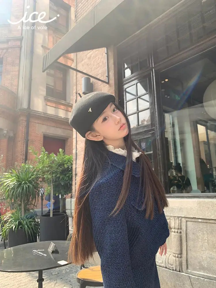 maoxiangshop - Autumn/Winter Women Suit Polo Collar Short Coat A-line Mini Skirt Set High End Fashion Navy Blue Two Piece Sets Women Outfits