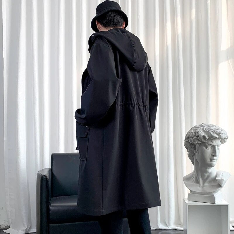 maoxiangshop Long Trench Coat Jacket Men Autumn Spring Black Hip Hop Japanese Coats Streetwear Male Hooded Army Green Casual Jackets